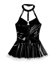 Load image into Gallery viewer, Women Maid Role Play Outfit Halter Neck Lace-up Front Patent Leather Dress Theme Party Costume Lace Trim Backless Flared Dresses