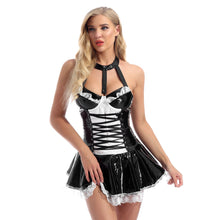 Load image into Gallery viewer, Women Maid Role Play Outfit Halter Neck Lace-up Front Patent Leather Dress Theme Party Costume Lace Trim Backless Flared Dresses