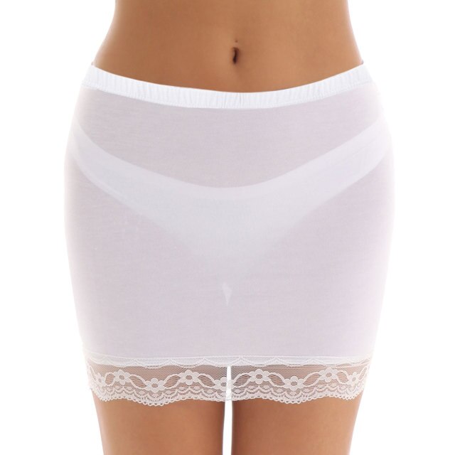 Women Mini Shirt Summer Sexy Slim Stretchy Lace Hem Solid Transparent Underskirt Female High Waist Pencil Skirt Club Fashion