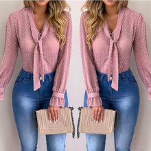 Load image into Gallery viewer, Women New Fashion Elegant Chiffon Blouses Long Sleeve V-Neck Shirt Office Blouse Slim Casual Female Polka Dot Top