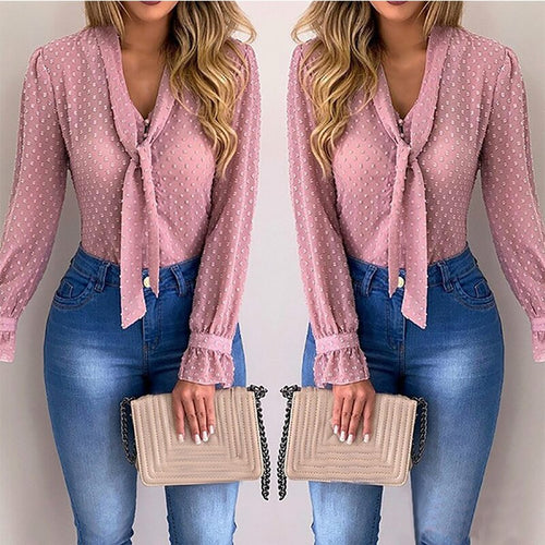 Women New Fashion Elegant Chiffon Blouses Long Sleeve V-Neck Shirt Office Blouse Slim Casual Female Polka Dot Top