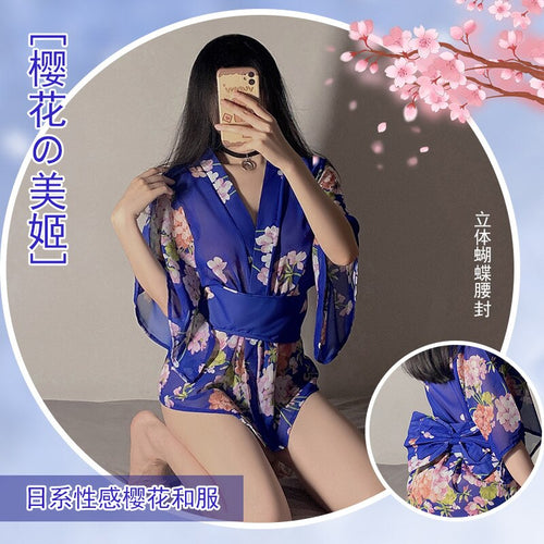 Women New Sexy Lingerie Sexy Blue Perspective Floral Print Kimonos Dress Chiffon V-neck Dress+thong Japanese Cosplay Nightdress
