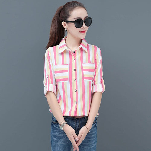 Women New Style Striped Long-sleeved Shirts Lady Casual Party Blouse