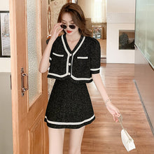Load image into Gallery viewer, Women New V-Neck Pearl Buckle Hit Color Single Breasted Suit Jacket High Waist Skirt Summer Small Fragrance Two Piece Set Female