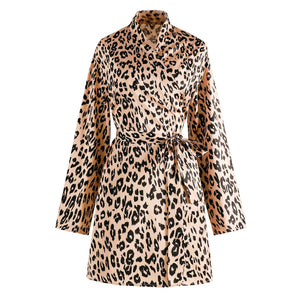 Women Night-robe Leopard Print Soft Comfortable Bathrobe Sleepwear Pajamas Homewear Cardigan Kimono Night Dress Casual Nightgown