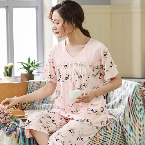 Women Nightwear Loose Home Wear Summer New 2PCS Shirt&Pants Home Clothes Female Flower Pajamas Set Cotton Modal Sleepwear M-XXXL