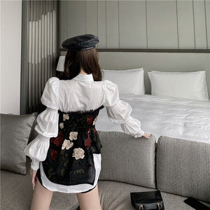 Women OL Shirt 2021 Spring New White Peter Pan Collar Puff Long Sleeve Shirt Single Breasted Elegant Slim Blouse L-4XL