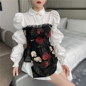 Women OL Shirt 2021 Spring New White Peter Pan Collar Puff Long Sleeve Shirt Single Breasted Elegant Slim Blouse L-4XL
