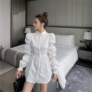 Women OL Shirt 2021 Spring New White Peter Pan Collar Puff Long Sleeve Shirt Single Breasted Elegant Slim Blouse L-4XL