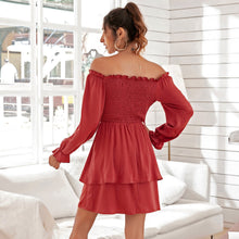 Load image into Gallery viewer, Women Off The Shoulder Ruffle Mini Dress Sexy Backless Slash Neck Long Sleeve Dress Summer Sweet High Waist Solid Color Dresses