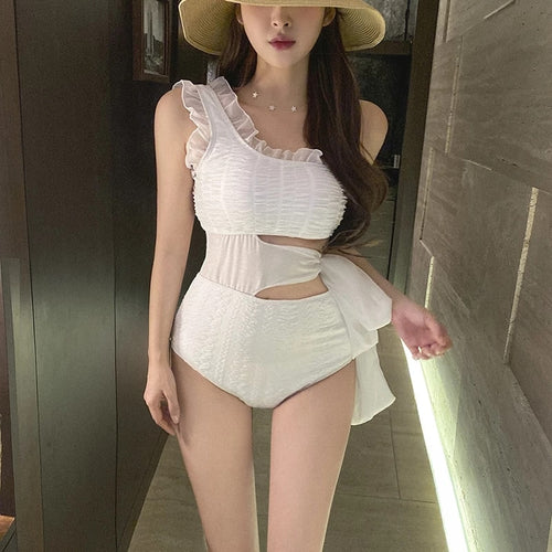 Women One Piece Bandage Swimwear Cut Out One Shoulder Beach Wear Solid Bathing Suit Bodysuit Beachwear Korea Style 2022 new