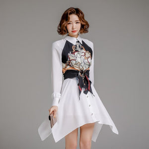 Women One-Piece Korean Style Temperament Turn-down Collar Long Sleeve Print Single-Breasted Shirt Dress Lace-Up 2021 Spring New