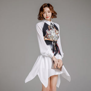 Women One-Piece Korean Style Temperament Turn-down Collar Long Sleeve Print Single-Breasted Shirt Dress Lace-Up 2021 Spring New