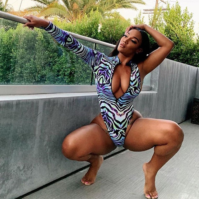 Women One Piece Swimsuit Long Sleeves Swimwear 2021 New Bodysuit Monokini Print Bathing Suits Summer Beach Wear Swimming Suit XL