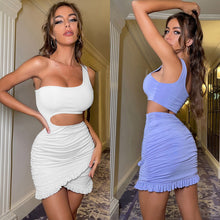 Load image into Gallery viewer, Women One Shoulder Mini Bodycon Summer Dress Club Hollow Out Ruched Backless White Purple Party Ruffle Bandage Women Sexy Dress