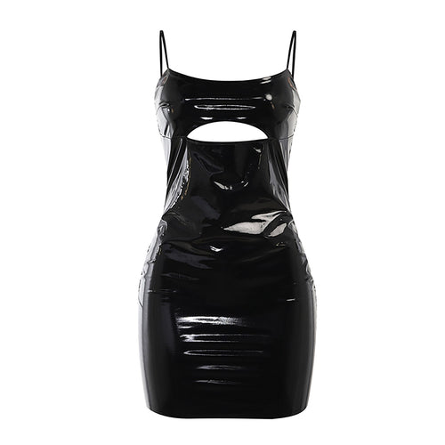 Women PU Leather Adjustable Spaghetti Strap Dress Party Clubwear Dress Sexy Wet Look Patent Leather Cutout Dress For Women