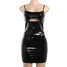 Load image into Gallery viewer, Women PU Leather Adjustable Spaghetti Strap Dress Party Clubwear Dress Sexy Wet Look Patent Leather Cutout Dress For Women