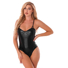 Load image into Gallery viewer, Women PU Leather Bodysuits Femme Party Black V-neck Skinny Sleeveless Spaghetti Strap Jumpsuit Rompers Lady Sensual Underwear