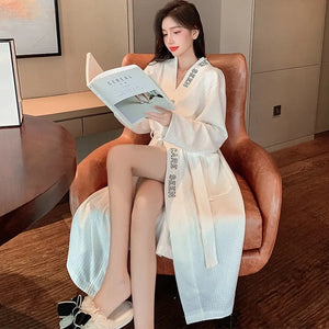 Women Pajamas Cotton Letter Printing Solid Color Long Sleeve Pajamas Women&#39;S Sexy Bathrobe Robes Long Large Size Casual Homewear