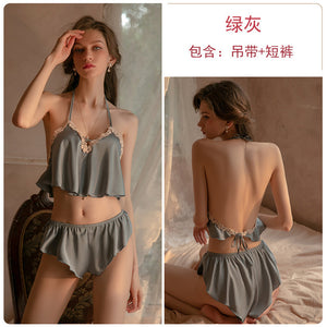 Women Pajamas Sleepwear Sleeveless Strap Silk Satin Nightwear Lace Homewear Cami Top Femme Sexy Pjs Lingerie Pyjamas Feminino