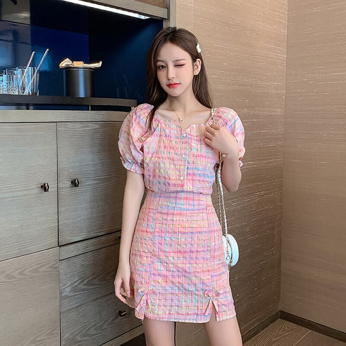 Women Pink Plaid Two Piece Set Summer New Fashion Short Puff Sleeve Single Breasted Tops 2 Piece High Waist Skirt Casual Suits