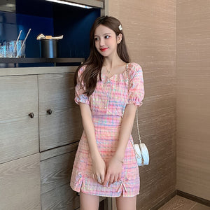 Women Pink Plaid Two Piece Set Summer New Fashion Short Puff Sleeve Single Breasted Tops 2 Piece High Waist Skirt Casual Suits