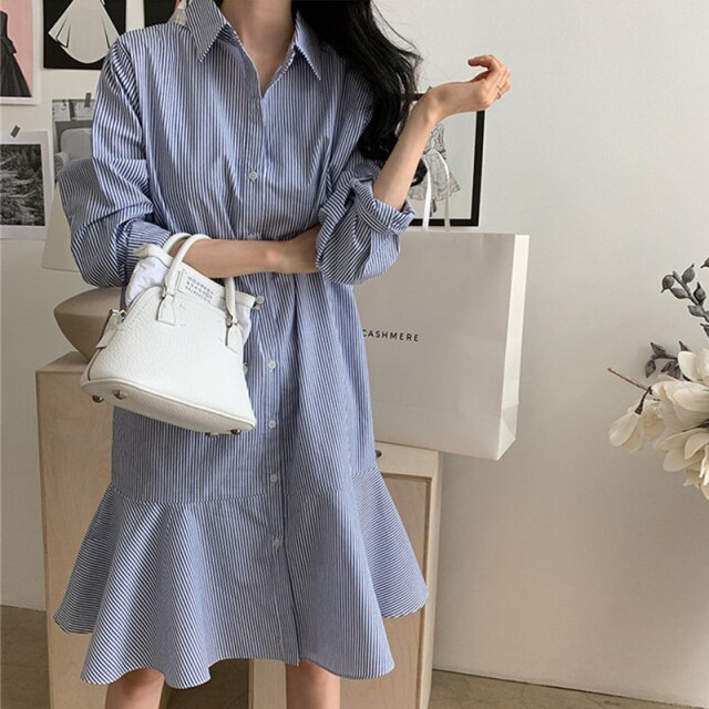 Women Pinstripe Shirt Dress Fashion Retro Ruffle Loose Amoi Mermaid Dresses Girls Long-Sleeve Autumn Temperament Midi Dress