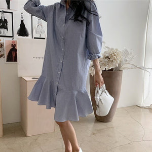 Women Pinstripe Shirt Dress Fashion Retro Ruffle Loose Amoi Mermaid Dresses Girls Long-Sleeve Autumn Temperament Midi Dress