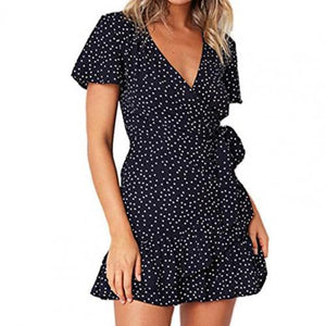 Women Print Short Sleeve Wrap Front V Neck Lacing Ruffle Hem Mini Dress for Date lady dresses for women office платье летнее