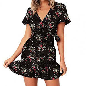 Women Print Short Sleeve Wrap Front V Neck Lacing Ruffle Hem Mini Dress for Date lady dresses for women office платье летнее
