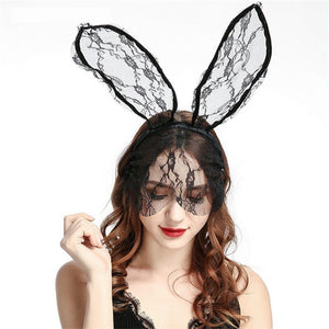Women Rabbit Ears Sexy Lace Model Hair Band Bunny Veil Fashion Black Hair Accessories Halloween Party Mask Sex Tools