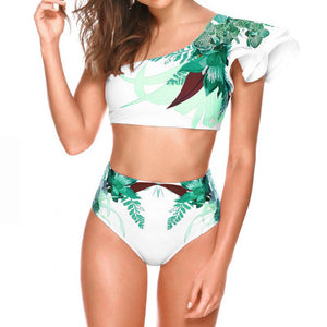 Women Ruffle Bikini Set Floral Printed High Waist Swimwear Single Shoulder Summer Beachwear Push Up Flounce Swimsuit Bath Suit