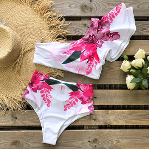 Women Ruffle Bikini Set Floral Printed High Waist Swimwear Single Shoulder Summer Beachwear Push Up Flounce Swimsuit Bath Suit