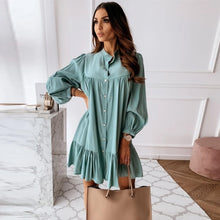 Load image into Gallery viewer, Women Ruffles Dress Casual Lantern Sleeve Stand Collar Mini Dress Female Loose Oversize Elegant Solid Dresses 2021 Autumn New