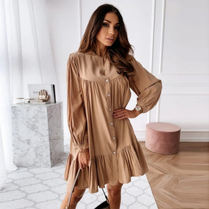 Women Ruffles Dress Casual Lantern Sleeve Stand Collar Mini Dress Female Loose Oversize Elegant Solid Dresses 2021 Autumn New