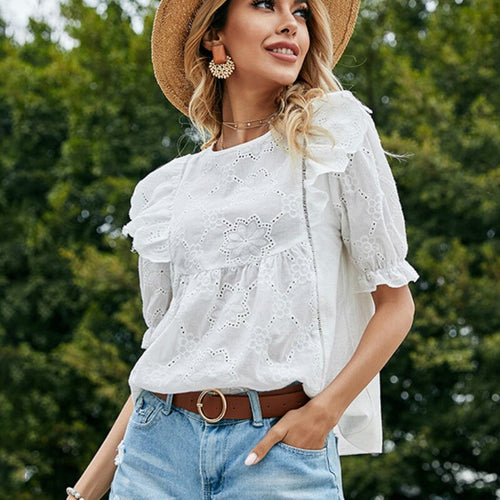 Women Ruffles Patchwork Blouse Shirt Casual O Neck Top Sexy Short Sleeve White Blouse Ladies Summer Hollow Out Elegant Blusas