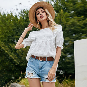 Women Ruffles Patchwork Blouse Shirt Casual O Neck Top Sexy Short Sleeve White Blouse Ladies Summer Hollow Out Elegant Blusas