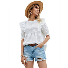 Load image into Gallery viewer, Women Ruffles Patchwork Blouse Shirt Casual O Neck Top Sexy Short Sleeve White Blouse Ladies Summer Hollow Out Elegant Blusas