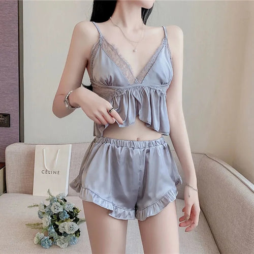 Women'S 2 Piece Set 2022 Summer Pure Desire Sexy Lace Suspenders + Solid Color Shorts Satin Pyjamas  Home Clothes Women