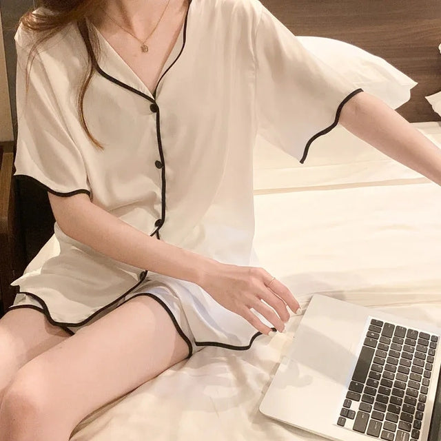 Women'S 2 Piece Set Silk Pajamas Female Summer Short-Sleeved Shorts Cute Bow Anime Pajamas Thin Section Out Home Clothes