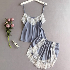Women&#39;S Pajamas Set  Sexy Spaghetti Straps Lace Splicing V Neck Silk Night Shirt Female Casual Comfortable Solid Home Clothes