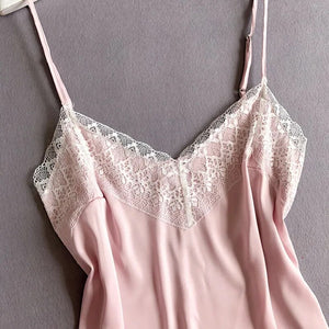 Women&#39;S Pajamas Set  Sexy Spaghetti Straps Lace Splicing V Neck Silk Night Shirt Female Casual Comfortable Solid Home Clothes