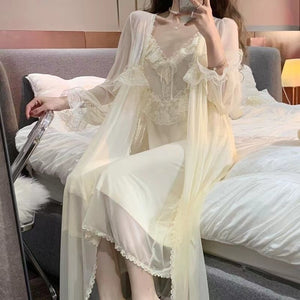 Women&#39;S Pajamas Sexy Lingerie Lace Hot Nightwear 2 Pcs Nightdress Robe Set Sleepwear Women Long Sleeve Female Bathrobe Homewear