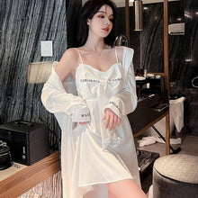 Load image into Gallery viewer, Women&#39;S Pajamas Sexy Sleepwear Set Woman 2 Pieces Summer Silk Shirt White Suspenders Nightdress Robe Satin Home Clothes Suit