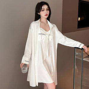 Women&#39;S Pajamas Sexy Sleepwear Set Woman 2 Pieces Summer Silk Shirt White Suspenders Nightdress Robe Satin Home Clothes Suit