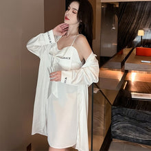 Load image into Gallery viewer, Women&#39;S Pajamas Sexy Sleepwear Set Woman 2 Pieces Summer Silk Shirt White Suspenders Nightdress Robe Satin Home Clothes Suit