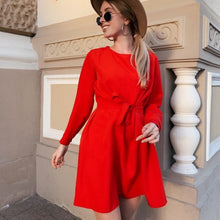 Load image into Gallery viewer, Women Sashes Mini A Line Dress Office Ladies O Neck Long Sleeve Dress 2021 Spring New Fashion Casual Solid Color Sweet Dresses