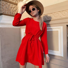 Load image into Gallery viewer, Women Sashes Mini A Line Dress Office Ladies O Neck Long Sleeve Dress 2021 Spring New Fashion Casual Solid Color Sweet Dresses