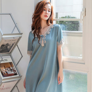 Women Satin Nighties Patchwork Lace Silk Sleepwear Nightgowns Bridesmaids Lingere Sexy Hot Erotic Sleepshirts Luxury Homewear