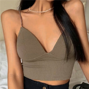Women Seamless Crop Top Underwear Wire-Free V-Shaped Camisole Thin Straps Striped Solid Bralette Lingerie One-Piece Tube Tops